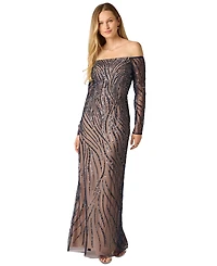 Adrianna Papell Women's Off the Shoulder Beaded Long Dress