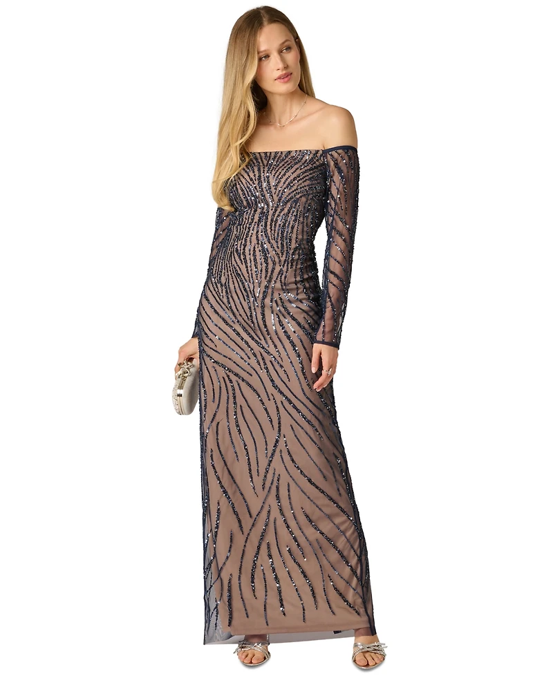 Adrianna Papell Women's Off the Shoulder Beaded Long Dress