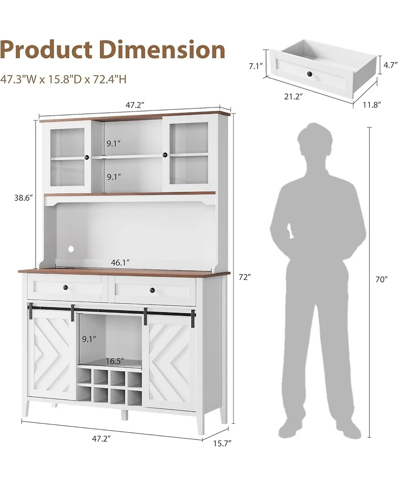 gaomon 72" Farmhosue Bar Cabinet with Sliding Barn Door, Large Kitchen Buffet with Hutch Wine with Charging Station, 2 Drawers, 8 Storage Shelves