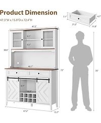 gaomon 72" Farmhosue Bar Cabinet with Sliding Barn Door, Large Kitchen Buffet with Hutch Wine with Charging Station, 2 Drawers, 8 Storage Shelves