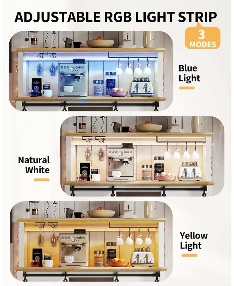 gaomon Hetoy Farmhouse Coffee Bar Cabinet 55" Tall with Sliding Barn Door, Led Light, Power Outlet - Storage Drawers, 12-Bottle Wine Rack