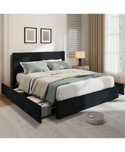 gaomon Full Upholstered Bed Frame with 4 Storage Drawers, Wingback Channel Tufted Headboard