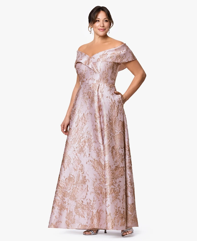 Xscape Plus Off-The-Shoulder Metallic Jacquard Ball Gown