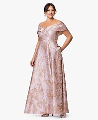 Xscape Plus Off-The-Shoulder Metallic Jacquard Ball Gown