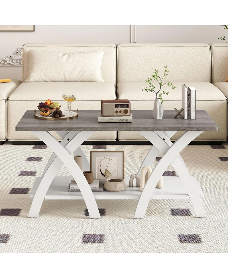 Sugift 40 in Farmhouse Coffee Table with Storage Shelf and X Legs