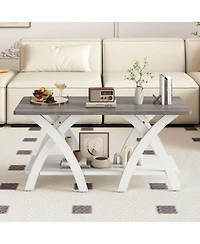 Sugift 40 in Farmhouse Coffee Table with Storage Shelf and X Legs