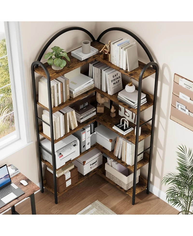 gaomon 68.5" Industrial L-Shaped Corner Bookshelf, 5-Tier Arched Metal Frame Corner Bookcase