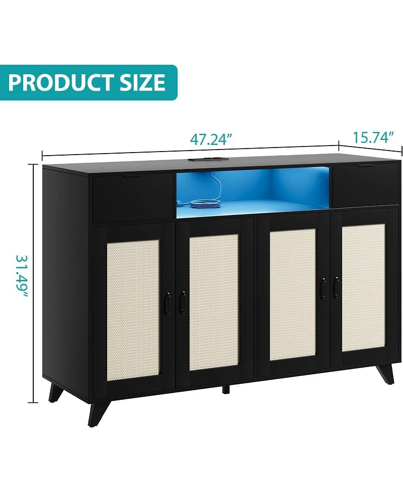 gaomon Power Outlet and Led Lights - 4 Door Accent Storage Cabinet, 2 Drawers Console Table with Adjustable Shelves