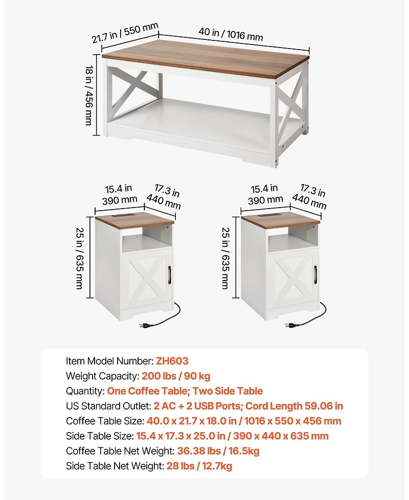 Gouun Farmhouse Coffee Table Set with 2 End Tables and Charging Station