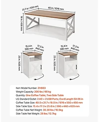 Gouun Farmhouse Coffee Table Set with 2 End Tables and Charging Station