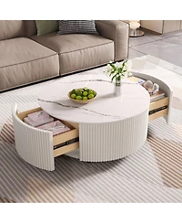 Rainsken Round Coffee Table with Wheels, Living Room Center Table with Marble Pattern Sintered Stone Tabletop and Dual Drawers for Storage