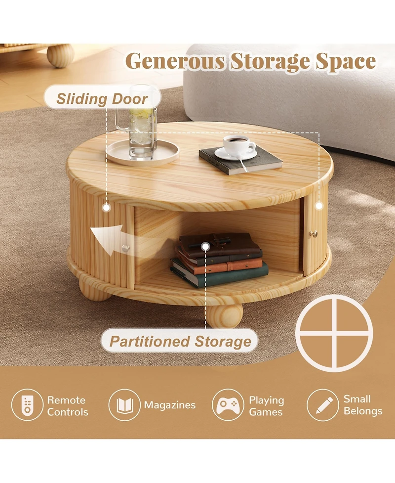 Rainsken Modern Round Fluted Storage Coffee Table, Solid Wood Center Table with Sliding Doors for Living Room and Compact Spaces