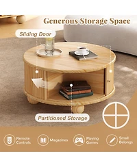 Rainsken Modern Round Fluted Storage Coffee Table, Solid Wood Center Table with Sliding Doors for Living Room and Compact Spaces