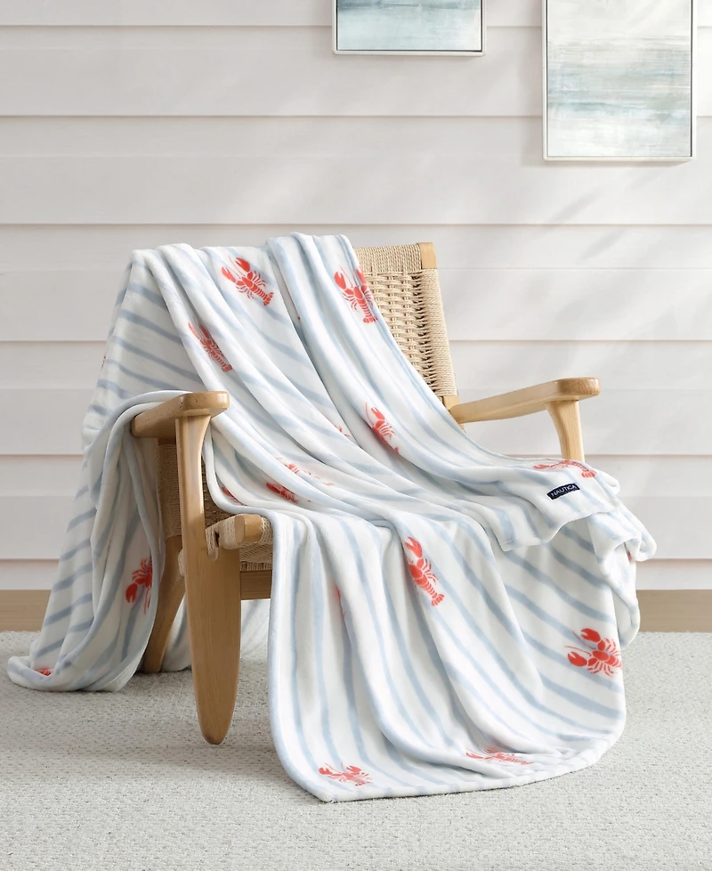 Nautica Lobster Watercolor Stripes Plush Blanket