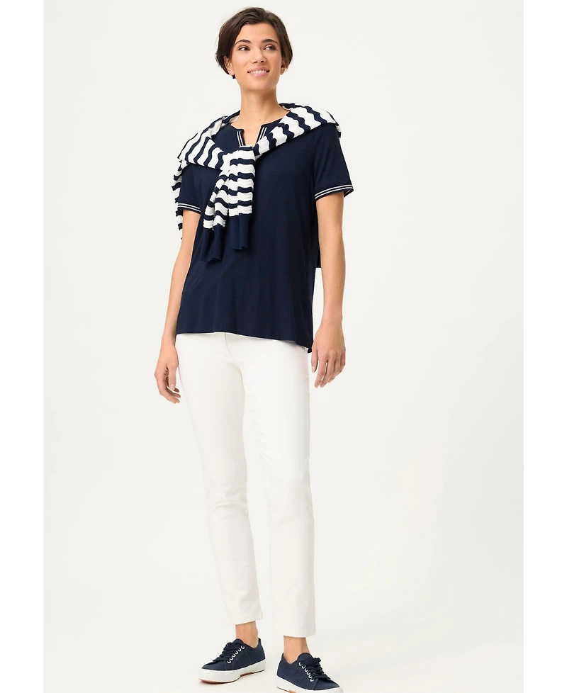 Olsen Women's Split Neck T-Shirt with Stripe Trim