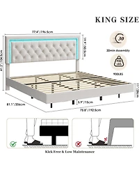gaomon Floating Bed Frame with Led Lights, Upholstered Platform with Diamond Headboard, Wood Slats Support
