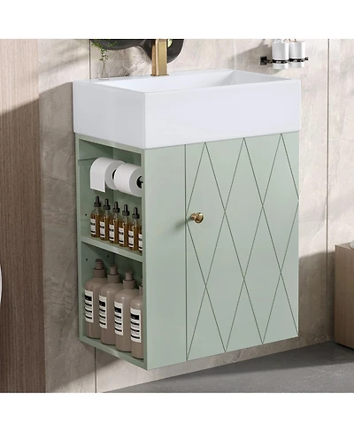 Sillysis 20 Inch Bathroom Vanity with Ceramic Sink, Side Storage Shelves and Towel Bar, Wall Mount Cabinet for Small Spaces