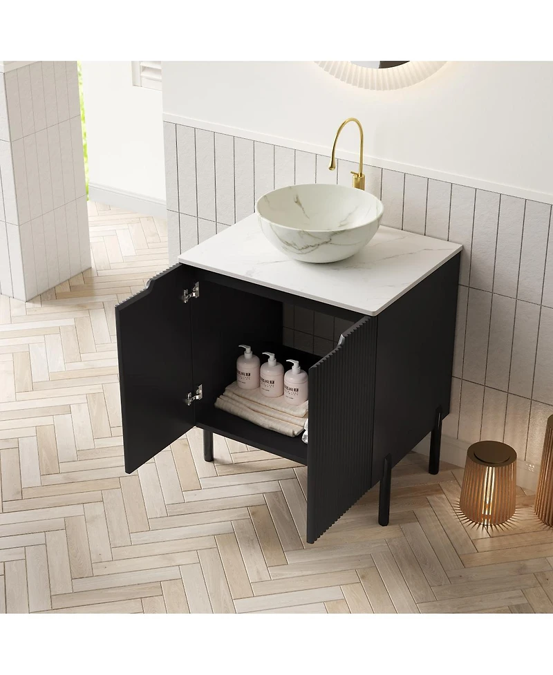 Sillysis 24 Inch Modern Bathroom Vanity with Ceramic Bowl Vessel Sink, Sintered Stone Top and Soft Close Storage Cabinet.