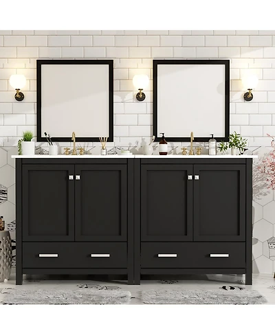 Sillysis 60 Inch Double Bathroom Vanity Set, Freestanding Solid Wood Cabinet with Ceramic Sinks and Soft Close Doors, Modern Storage.