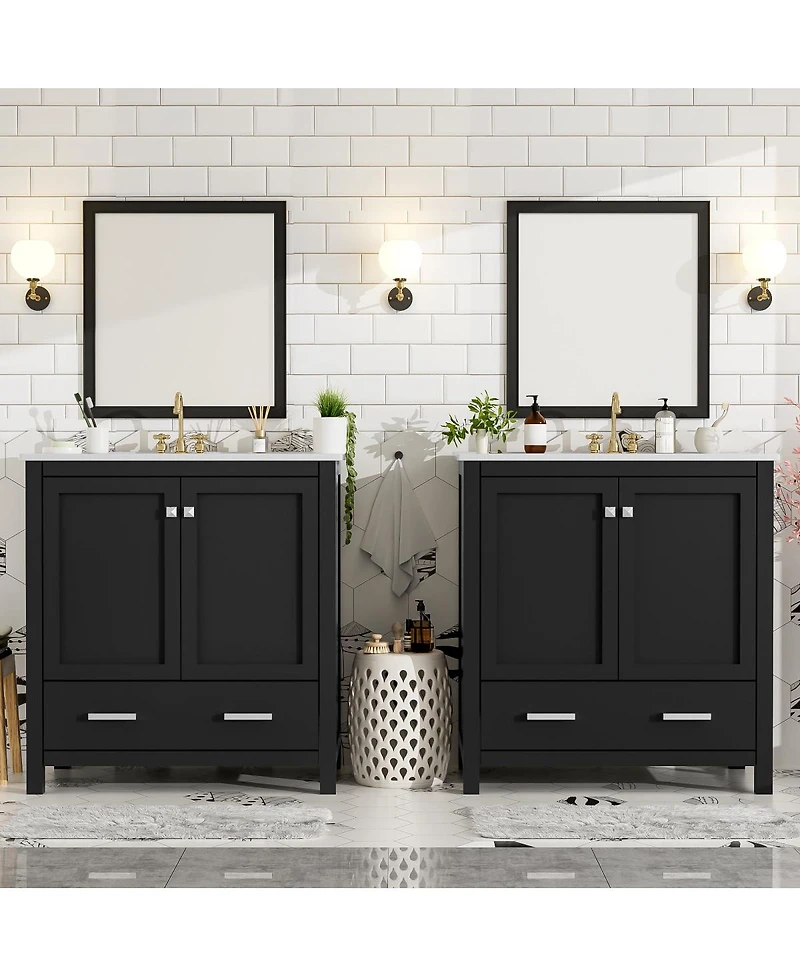 Sillysis 60 Inch Double Bathroom Vanity Set, Freestanding Solid Wood Cabinet with Ceramic Sinks and Soft Close Doors, Modern Storage.