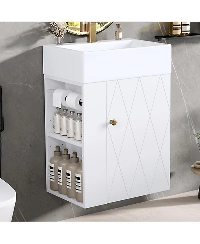 Sillysis 20 Inch Bathroom Vanity with Ceramic Sink, Side Storage Shelves and Towel Bar, Wall Mount Cabinet for Small Spaces