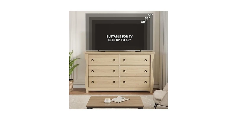 gaomon 6 Drawer Dresser for Bedroom, Wide Modern Wood Chest with Ring Pull Handles