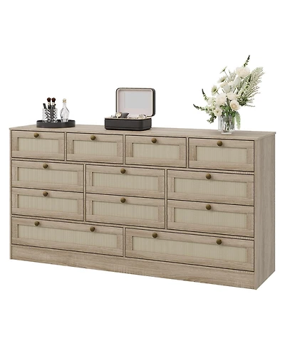 gaomon Wooden Dressers for Bedroom with 12 Rattan Drawers, Wood Dresser for Living Room, Hallway, Entryway