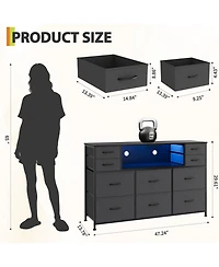 gaomon 10 Fabric Drawers Dresser with Led Lights, Entertainment Center with Charging Station, Wood Top