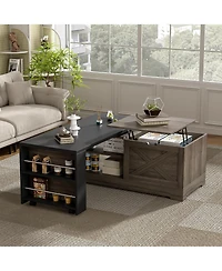 Rainsken Wooden Farmhouse Lift Top Coffee Table, Rectangular Center Table with Extendable Design, Barn Doors and Hidden Storage for Living Room