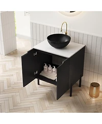 Sillysis 24 Inch Modern Bathroom Vanity with Ceramic Bowl Vessel Sink, Sintered Stone Top and Soft Close Storage Cabinet.