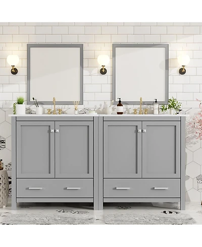 Sillysis 60 Inch Double Bathroom Vanity Set, Freestanding Solid Wood Cabinet with Ceramic Sinks and Soft Close Doors, Modern Storage.