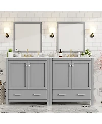 Sillysis 60 Inch Double Bathroom Vanity Set, Freestanding Solid Wood Cabinet with Ceramic Sinks and Soft Close Doors, Modern Storage.