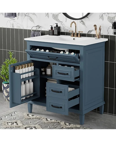 Sillysis 30 Inch Bathroom Vanity with Ceramic Sink, Solid Wood Freestanding Cabinet Flip Drawer and Soft-Close Door
