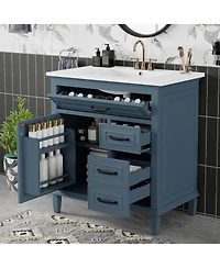 Sillysis 30 Inch Bathroom Vanity with Ceramic Sink, Solid Wood Freestanding Cabinet Flip Drawer and Soft-Close Door