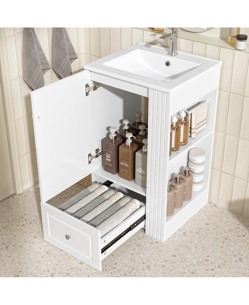 Sillysis 20 Inch Bathroom Vanity with Ceramic Sink, Soft Close Drawer and Side Shelves, Freestanding Storage Cabinet for Small Spaces.