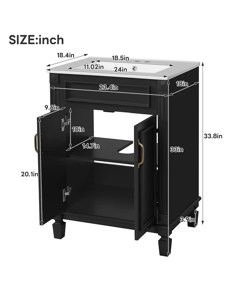 Sillysis 24 Inch Freestanding Bathroom Vanity with Ceramic Sink, Soft Close Storage, Solid Wood Cabinet for Small Spaces.