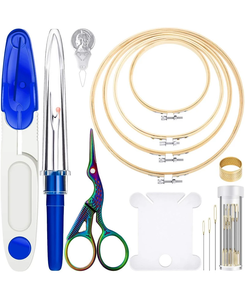 Gnuadz 53 Pieces Cross Tool Embroidery Starter Kit Hoop Ring Sewing Threading Thimbles Floss Bobbins Seam Ripper