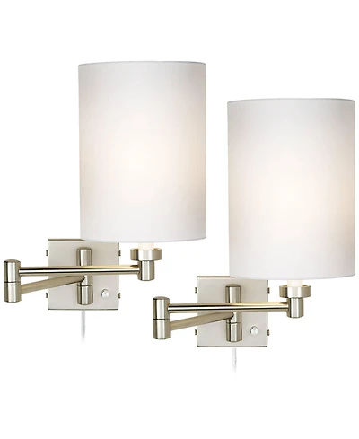 Possini Euro Design Modern Swing Arm Wall Lamps Set of 2 Brushed Nickel Plug-In Light Fixture Cylinder Shade for Bedroom Bedside