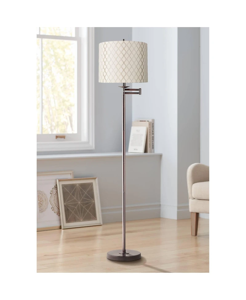 Regency Hill Swing Arm Floor Lamp 60.5" Tall Bronze Embroidered Hourglass Off White Fabric Drum Shade for Living Room Reading Bedroom