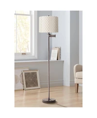 Regency Hill Swing Arm Floor Lamp 60.5" Tall Bronze Embroidered Hourglass Off White Fabric Drum Shade for Living Room Reading Bedroom