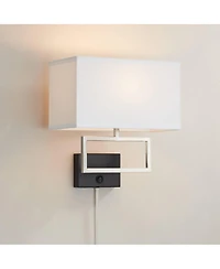 Possini Euro Design Modern Wall Lamp with Usb Port Brushed Nickel Plug-In 12" Light Fixture Rectangular Fabric Shade for Bedroom House