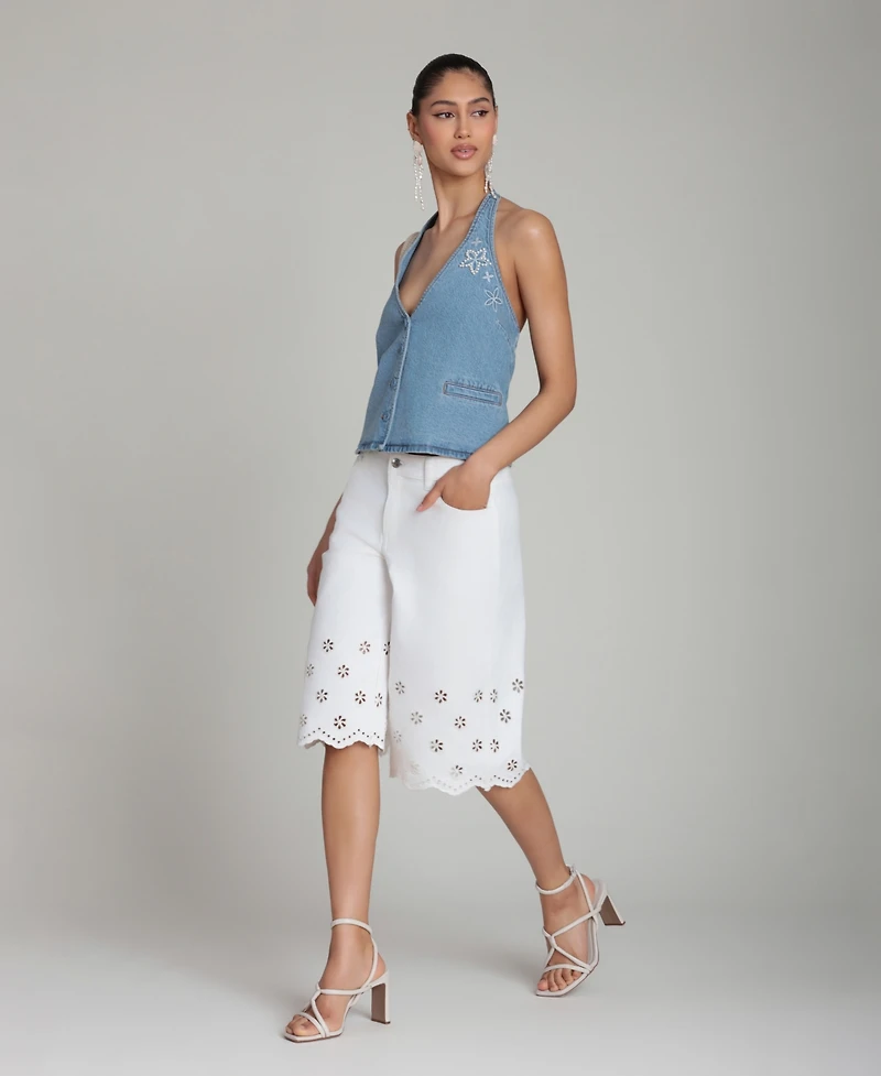 Avec Les Filles Women's Mid-Rise Floral Cutout Detail Shorts
