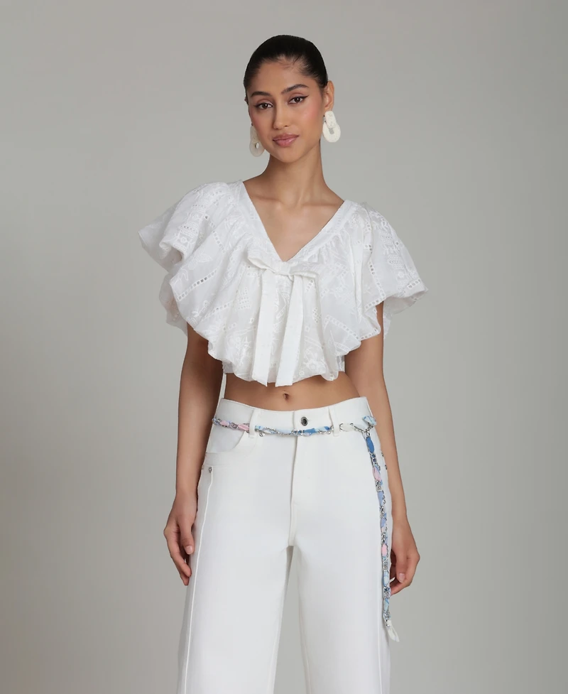 Avec Les Filles Women's V-Neck Tie-Detail Bubble Top