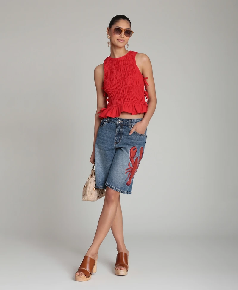 Avec Les Filles Women's Mid-Rise Lobster Embroidered Denim Shorts