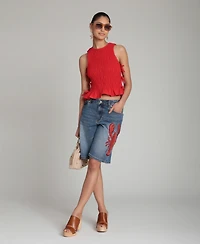 Avec Les Filles Women's Mid-Rise Lobster Embroidered Denim Shorts