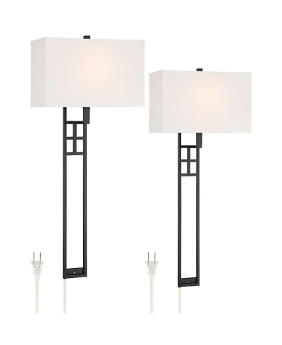 Possini Euro Design Ventano Modern Wall Lamps Set of 2 Plug-In 16" Fixture Linen Fabric Shades for Bedroom Mirror