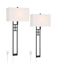 Possini Euro Design Ventano Modern Wall Lamps Set of 2 Plug-In 16" Fixture Linen Fabric Shades for Bedroom Mirror