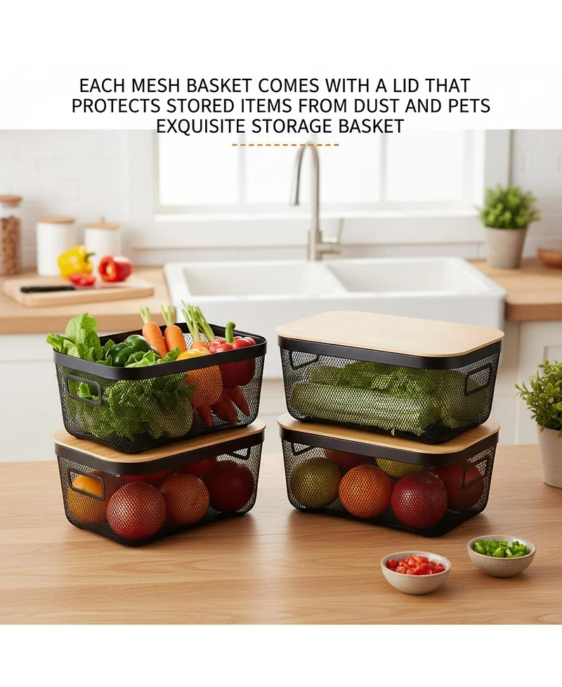 Yigii 4 Metal Mesh Stackable Baskets With Handles Lids Pantry Organization Storage For Cabinets Shelves Kitchen
