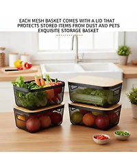 Yigii 4 Metal Mesh Stackable Baskets With Handles Lids Pantry Organization Storage For Cabinets Shelves Kitchen