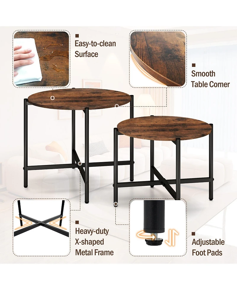 Slickblue Set of 2 Round Coffee Tables Heavy Duty Metal Frame